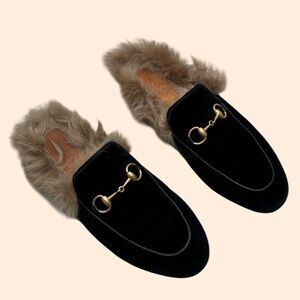 Gucci Princetown Velvet Fur Mules